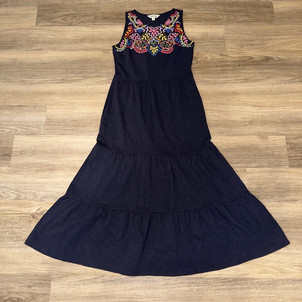 Boden Navy Blue Embroidered Floral Tiered Cotton Slub Maxi Dress US 4R D0936